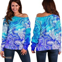 Aboriginal Women's Off Shoulder Sweaters Sea Turtle With Indigenous Patterns Blue