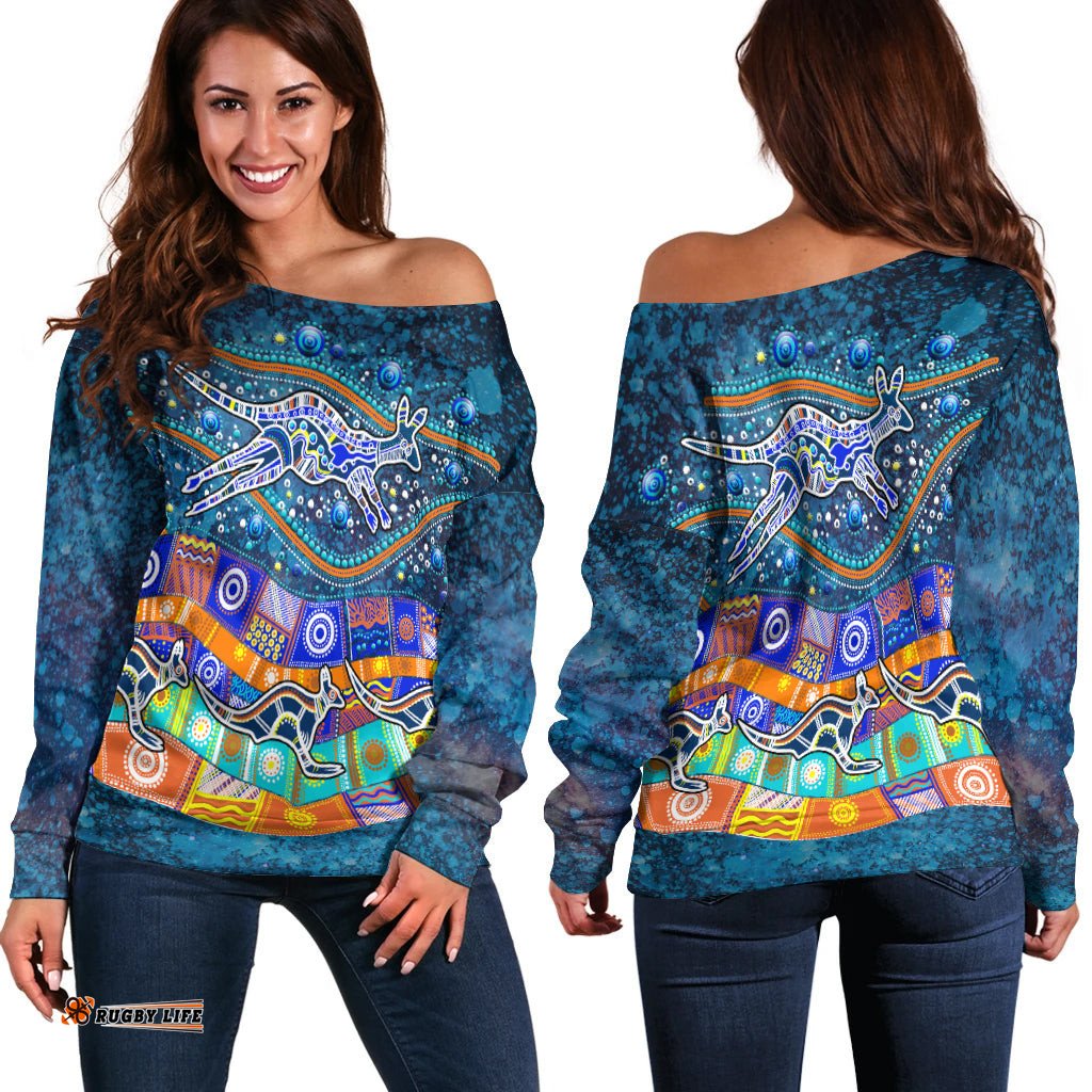 Australia Indigenous Women Off Shoulder Sweater Dot Painting Art
