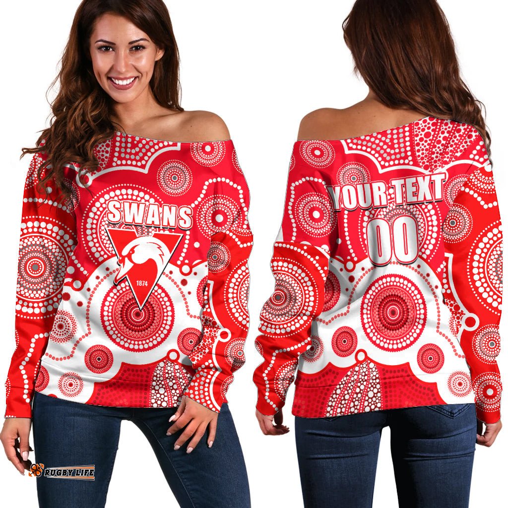 Custom Personalised And Number Swans AFL Off Shoulder Sweater Aboriginal Patterns 08