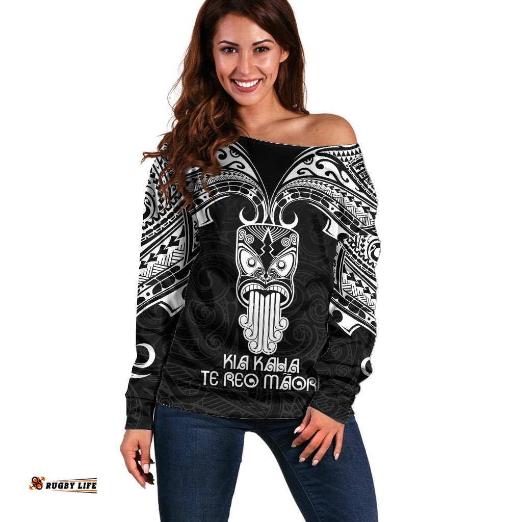 Personalised New Zealand Te Reo Maori Off Shoulder Sweater Kia Kaha Maori Language Week Black Style