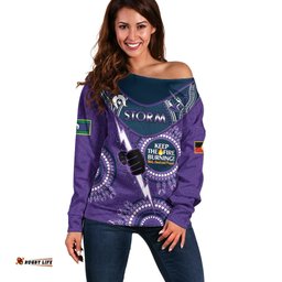 Custom NRL Storm NAIDOC Week Off Shoulder Sweater Keep The Fire Burning Indigenous Art
