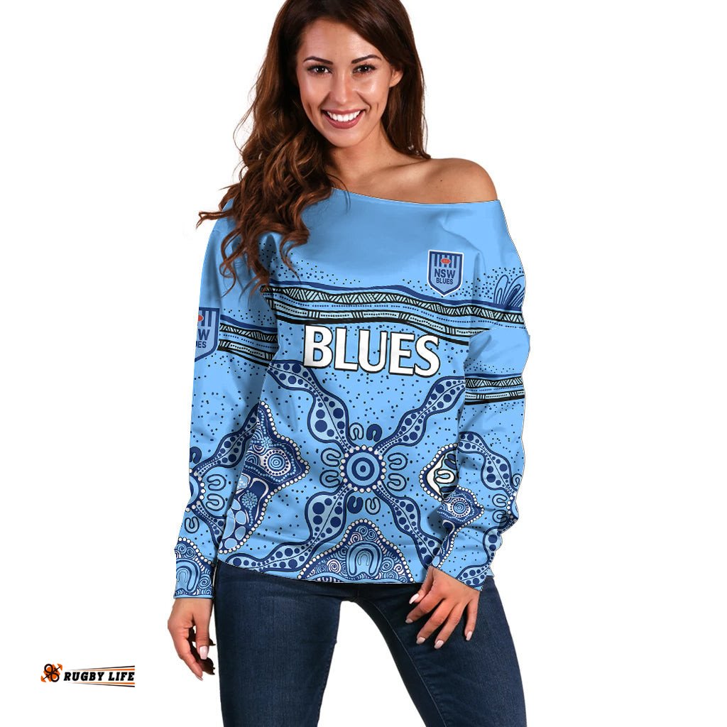 Custom Text And Number NSW Blues Rugby Off Shoulder Sweater New South Wales Aboriginal Origin