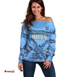 Custom Text And Number NSW Blues Rugby Off Shoulder Sweater New South Wales Aboriginal Origin