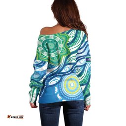 Torres Strait Islander Off Shoulder Sweater Aboriginal Blue Art