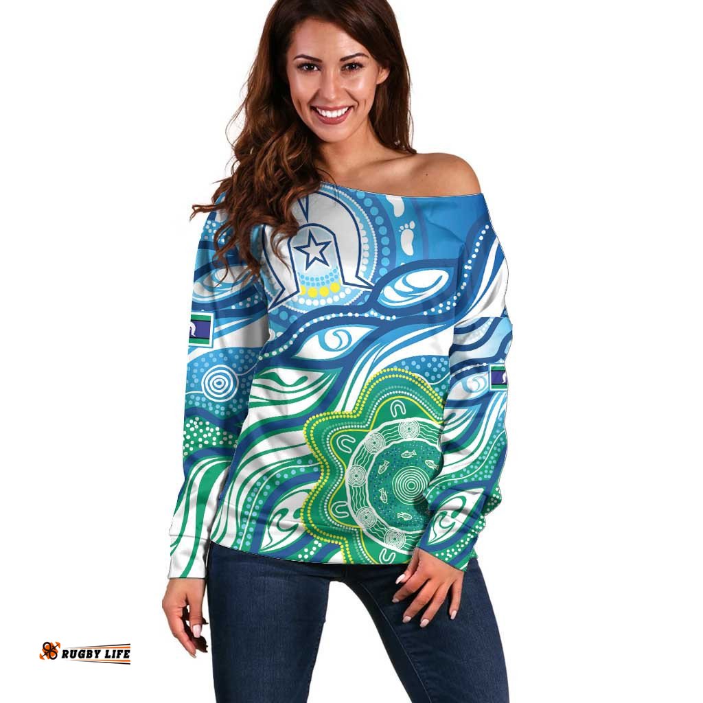 Torres Strait Islander Off Shoulder Sweater Aboriginal Blue Art