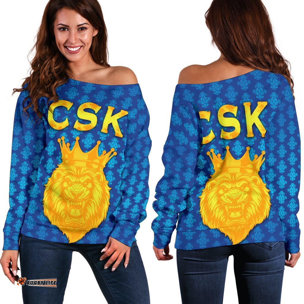 Chennai Super Kings Women Off Shoulder Sweater Cricket Traditional Pride Blue