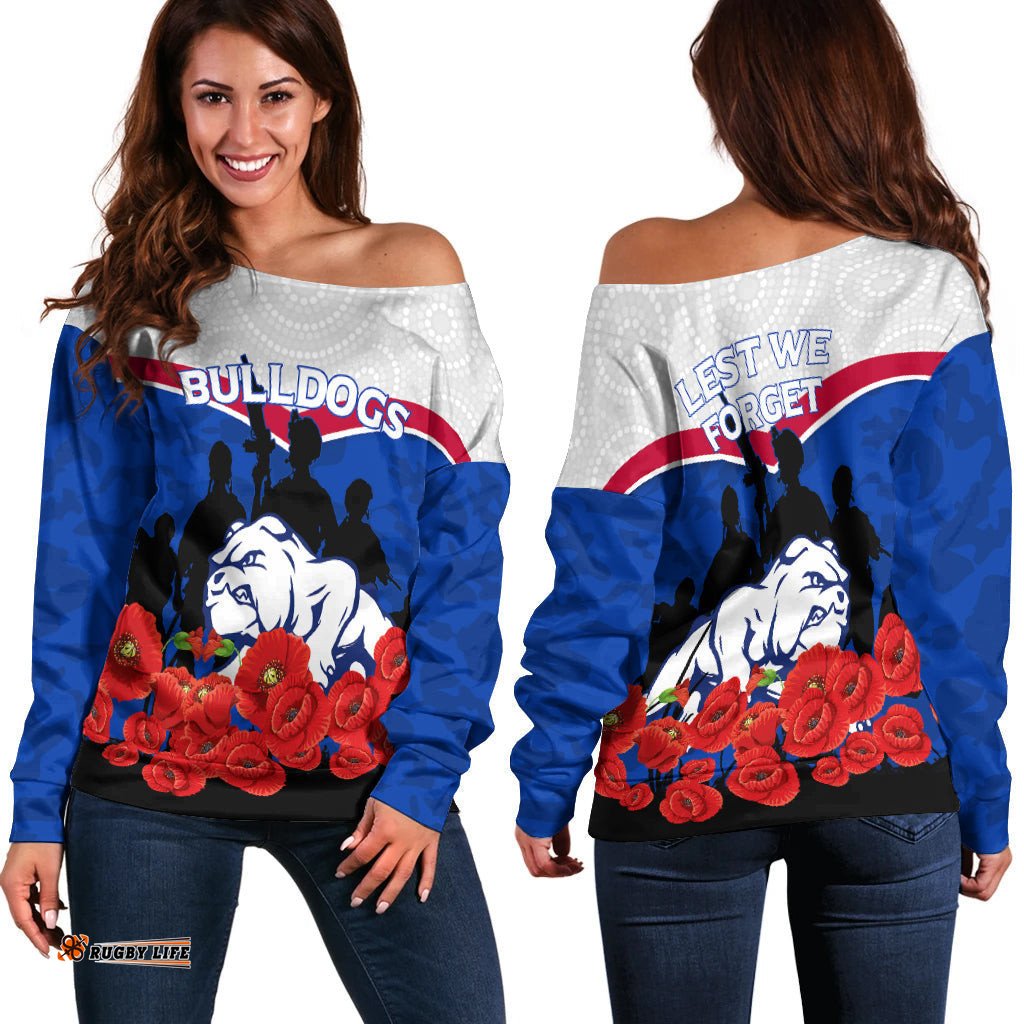 Bulldogs Anzac Day Indigenous Art Women Off Shoulder Sweater