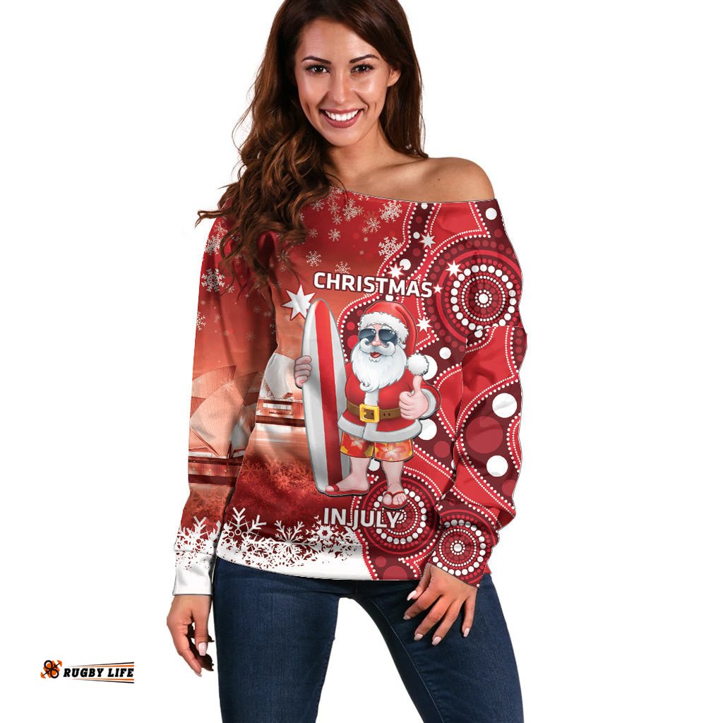 Christmas In July Australia Off Shoulder Sweater Santa Surfboard Sydney Opera House Red