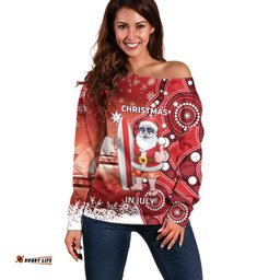 Christmas In July Australia Off Shoulder Sweater Santa Surfboard Sydney Opera House Red
