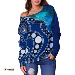Aboriginal Women's Off Shoulder Sweater Australia Indigenous Flag Circle Dot Painting Art Blue