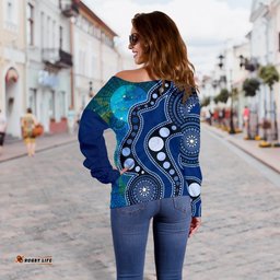 Aboriginal Women's Off Shoulder Sweater Australia Indigenous Flag Circle Dot Painting Art Blue