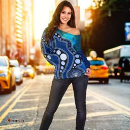 Aboriginal Women's Off Shoulder Sweater Australia Indigenous Flag Circle Dot Painting Art Blue