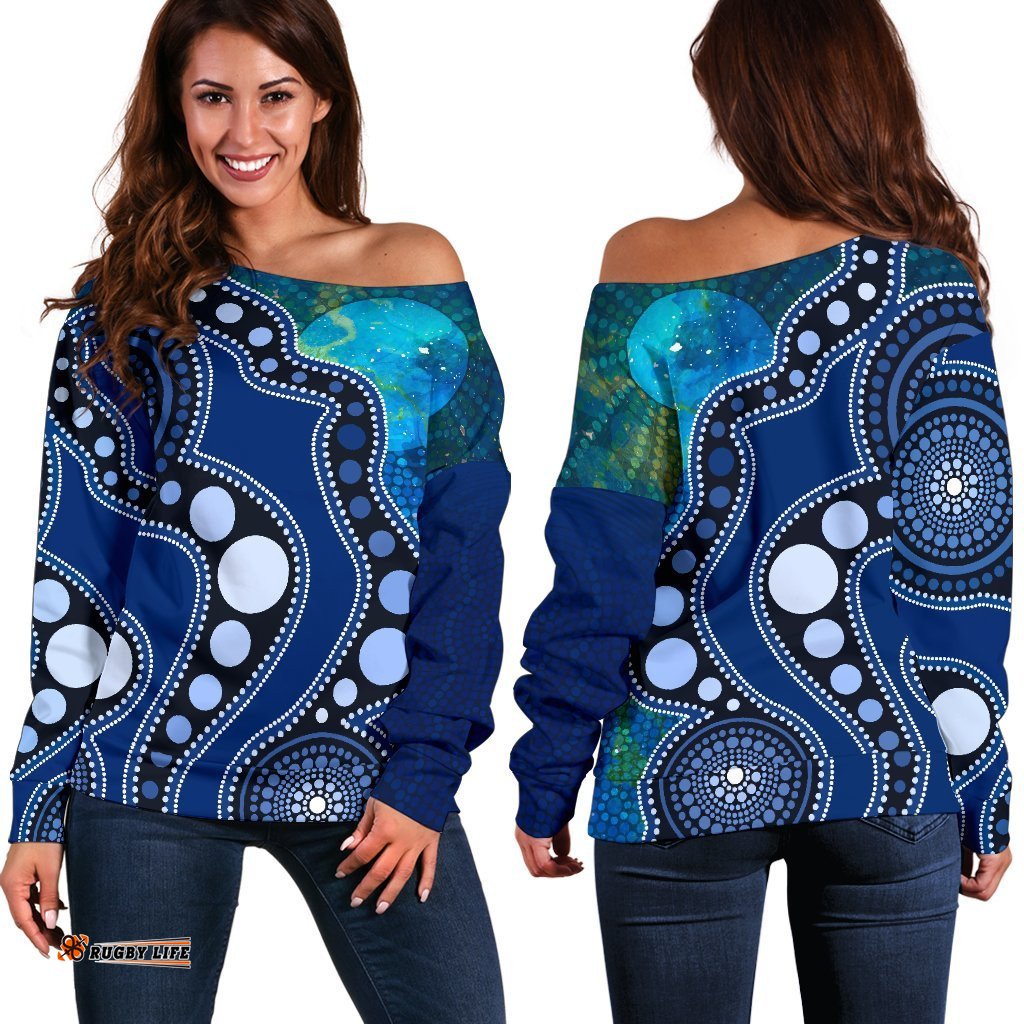 Aboriginal Women's Off Shoulder Sweater Australia Indigenous Flag Circle Dot Painting Art Blue