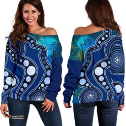 Aboriginal Women's Off Shoulder Sweater Australia Indigenous Flag Circle Dot Painting Art Blue