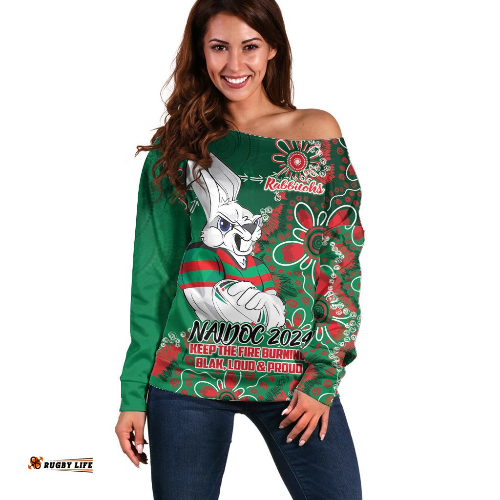 Personalised Rabbitohs NAIDOC Week 2024 Off Shoulder Sweater Aboriginal Fire Burning Sparks