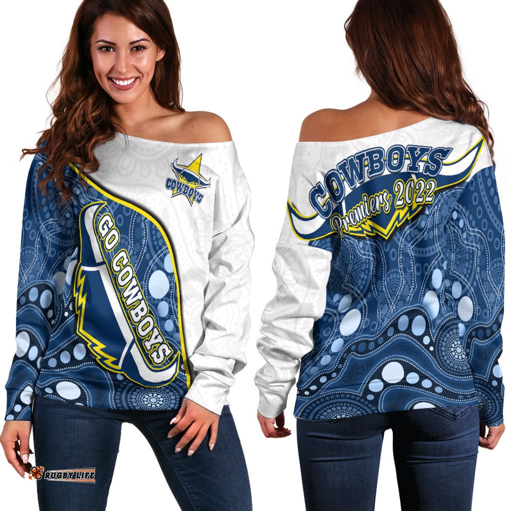 Cowboys Rugby Off Shoulder Sweater Indigenous Pattern Premiers Sporty Style