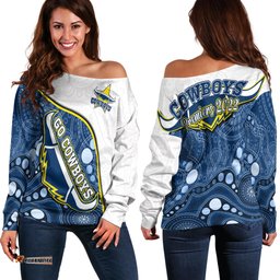 Cowboys Rugby Off Shoulder Sweater Indigenous Pattern Premiers Sporty Style