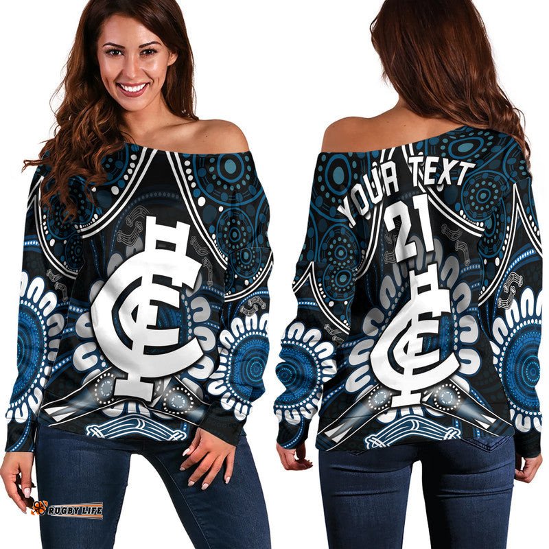 Custom Personalised Blues Football Women Off Shoulder Sweater Boomerang Indigenous Dots