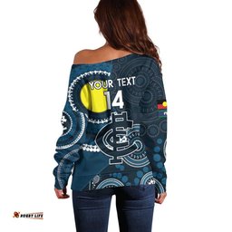 Custom AFL Carlton NAIDOC Week Off Shoulder Sweater Keep The Fire Burning Indigenous Art