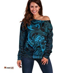 New Zealand Tuatara Off Shoulder Sweater Aotearoa Maori Clematis Flowers Blue