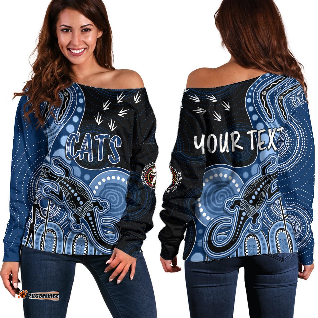 Personalised NAIDOC Week AFL Cats Off Shoulder Sweater Aboriginal Dot Art Lizard Mix Boomerang