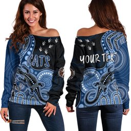 Personalised NAIDOC Week AFL Cats Off Shoulder Sweater Aboriginal Dot Art Lizard Mix Boomerang