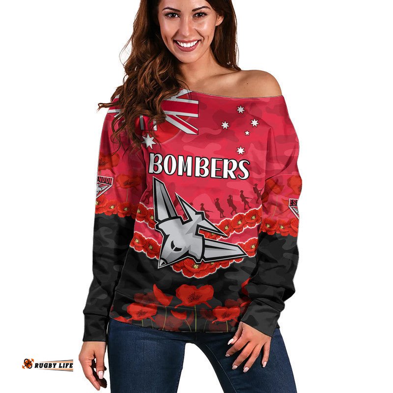 Bombers Football ANZAC Women Off Shoulder Sweater Lest We Forget