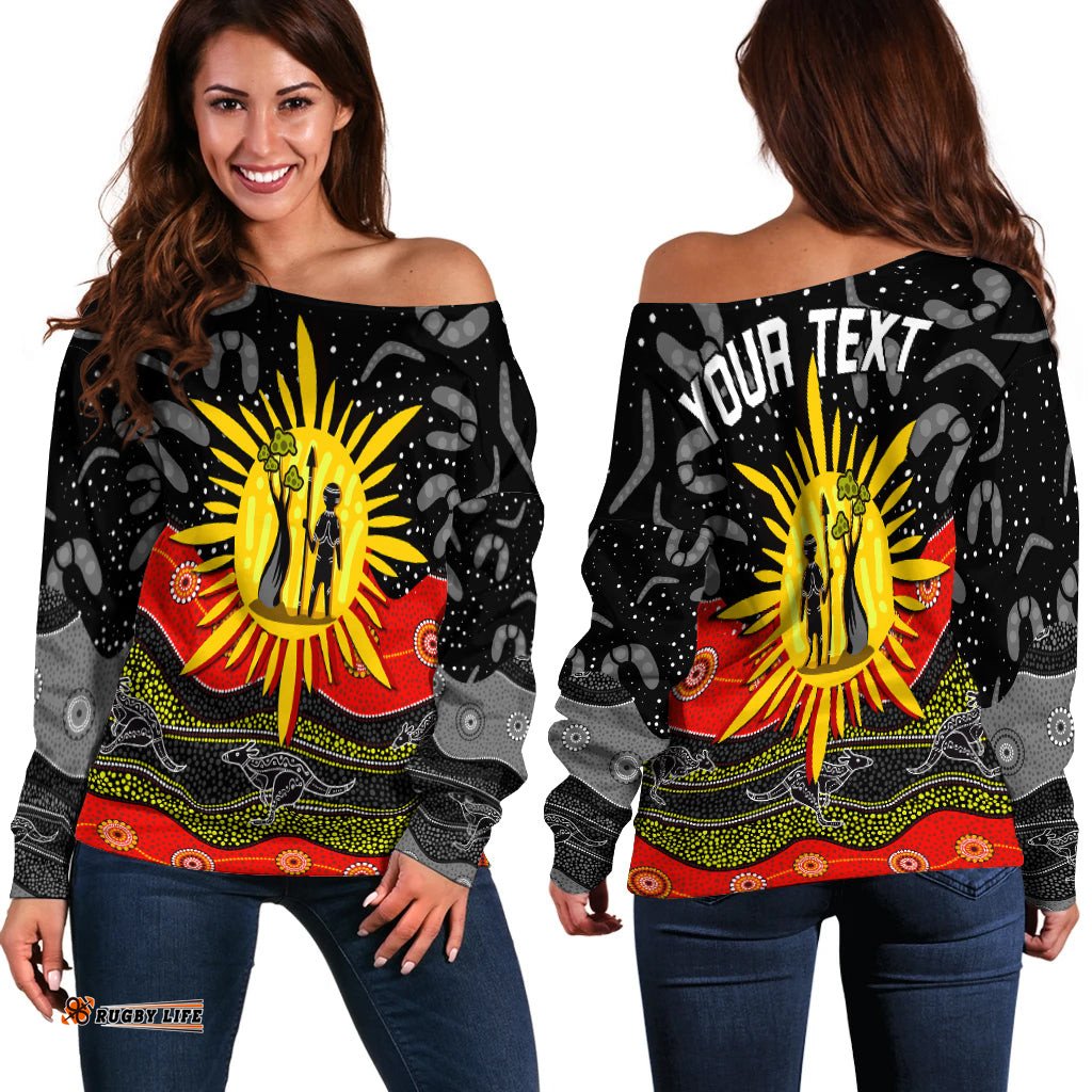 Custom Personalised Aboriginal Flag Off Shoulder Sweater Energetic Aussie