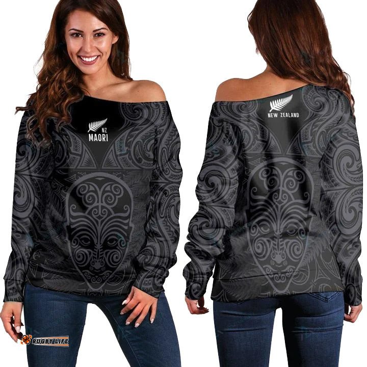 Aotearoa Off Shoulder Sweater Maori Manaia Warrior Silver Fern RLT13