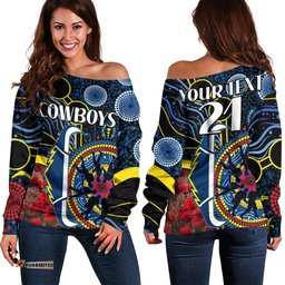 Custom Personalised Cowboys Rugby ANZAC Women Off Shoulder Sweater Aboriginal Military and Poppy Flowers