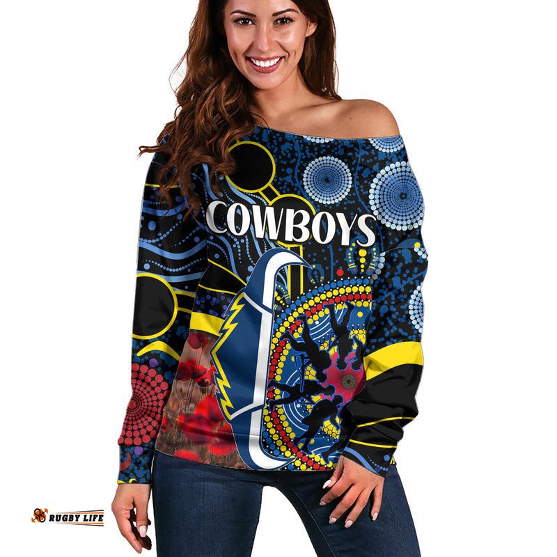 Custom Personalised Cowboys Rugby ANZAC Women Off Shoulder Sweater Aboriginal Military and Poppy Flowers