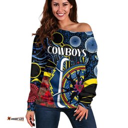 Custom Personalised Cowboys Rugby ANZAC Women Off Shoulder Sweater Aboriginal Military and Poppy Flowers