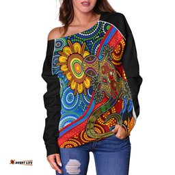 Custom Text and Number Australia Lizard and Sun Off Shoulder Sweater Aboriginal Art Speical