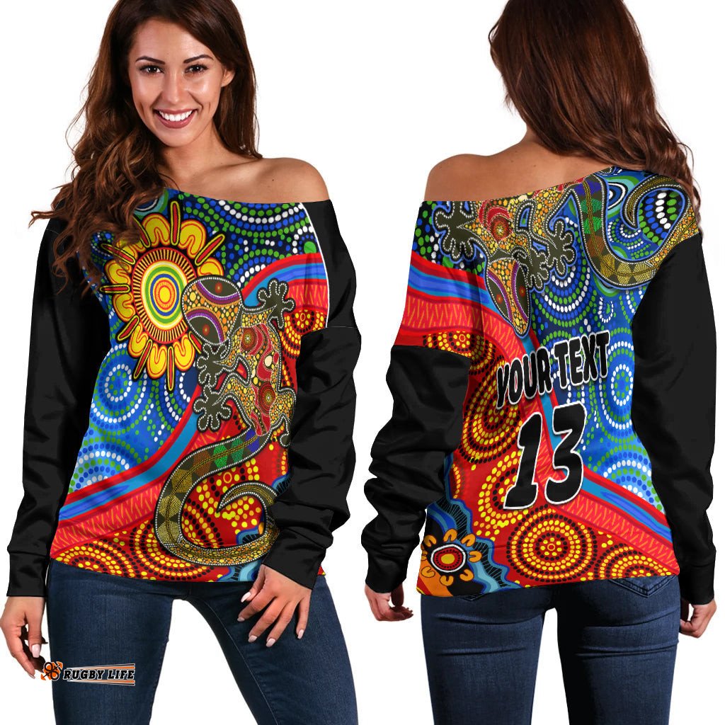 Custom Text and Number Australia Lizard and Sun Off Shoulder Sweater Aboriginal Art Speical