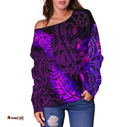 Aotearoa Maori Women Off Shoulder Sweater Silver Fern Koru Vibes Purple