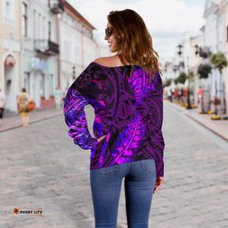 Aotearoa Maori Women Off Shoulder Sweater Silver Fern Koru Vibes Purple