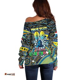 Merry Christmas Gold Coast Titans Off Shoulder Sweater Aboriginal Santa Rugby Mascot Light Blue