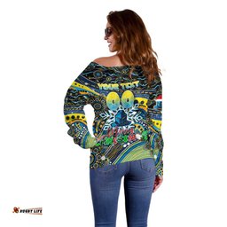 Merry Christmas Gold Coast Titans Off Shoulder Sweater Aboriginal Santa Rugby Mascot Light Blue