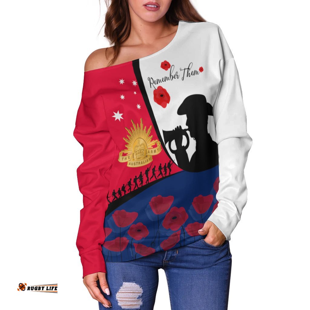 Anzac Day Women's Off Shoulder Sweater We will remember Them 04