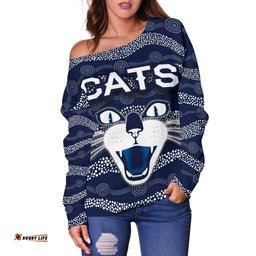 Geelong Women Off Shoulder Sweater Cats Indigenous Navy