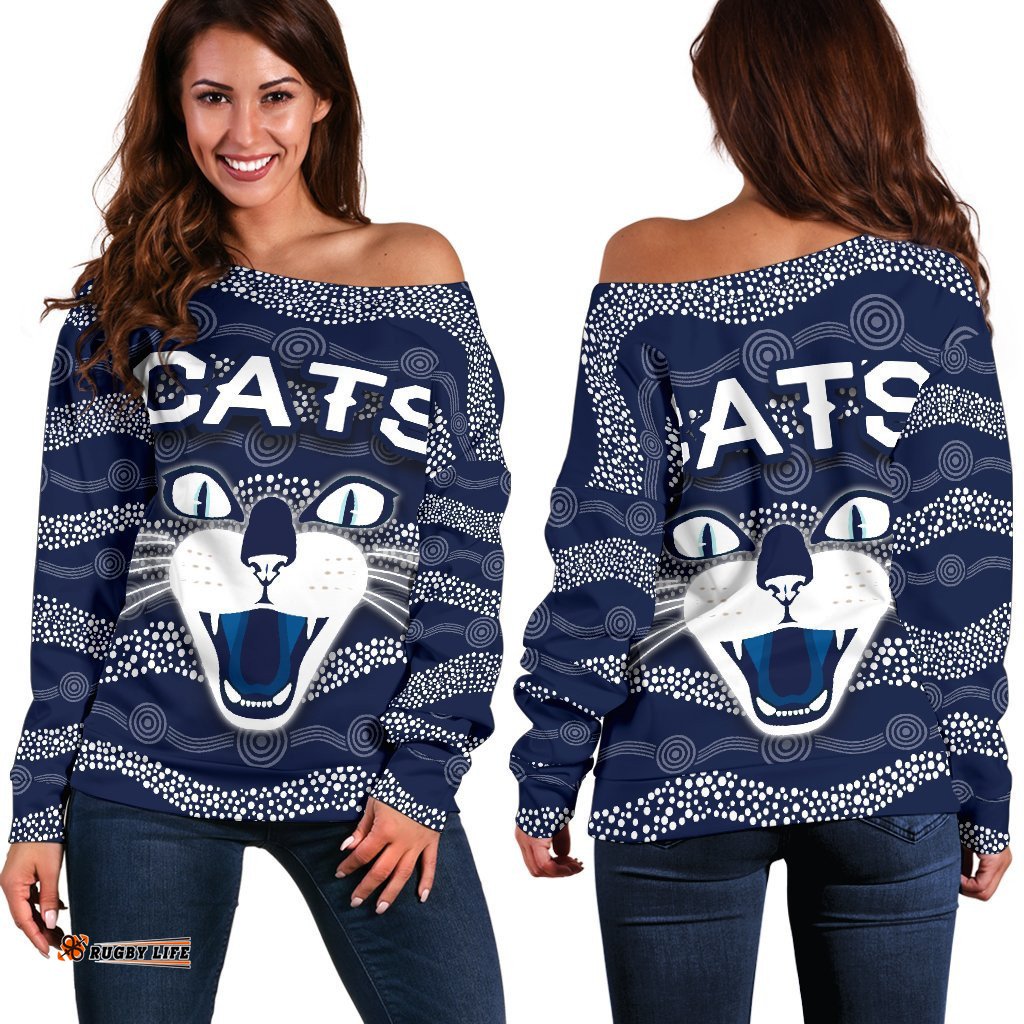 Geelong Women Off Shoulder Sweater Cats Indigenous Navy