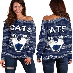 Geelong Women Off Shoulder Sweater Cats Indigenous Navy