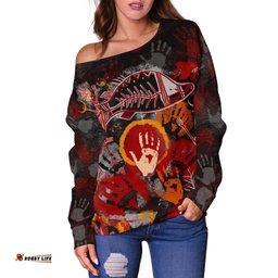 Aboriginal Women's Off Shoulder Sweater Indigenous Fish Hand Art