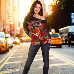 Aboriginal Women's Off Shoulder Sweater Indigenous Fish Hand Art