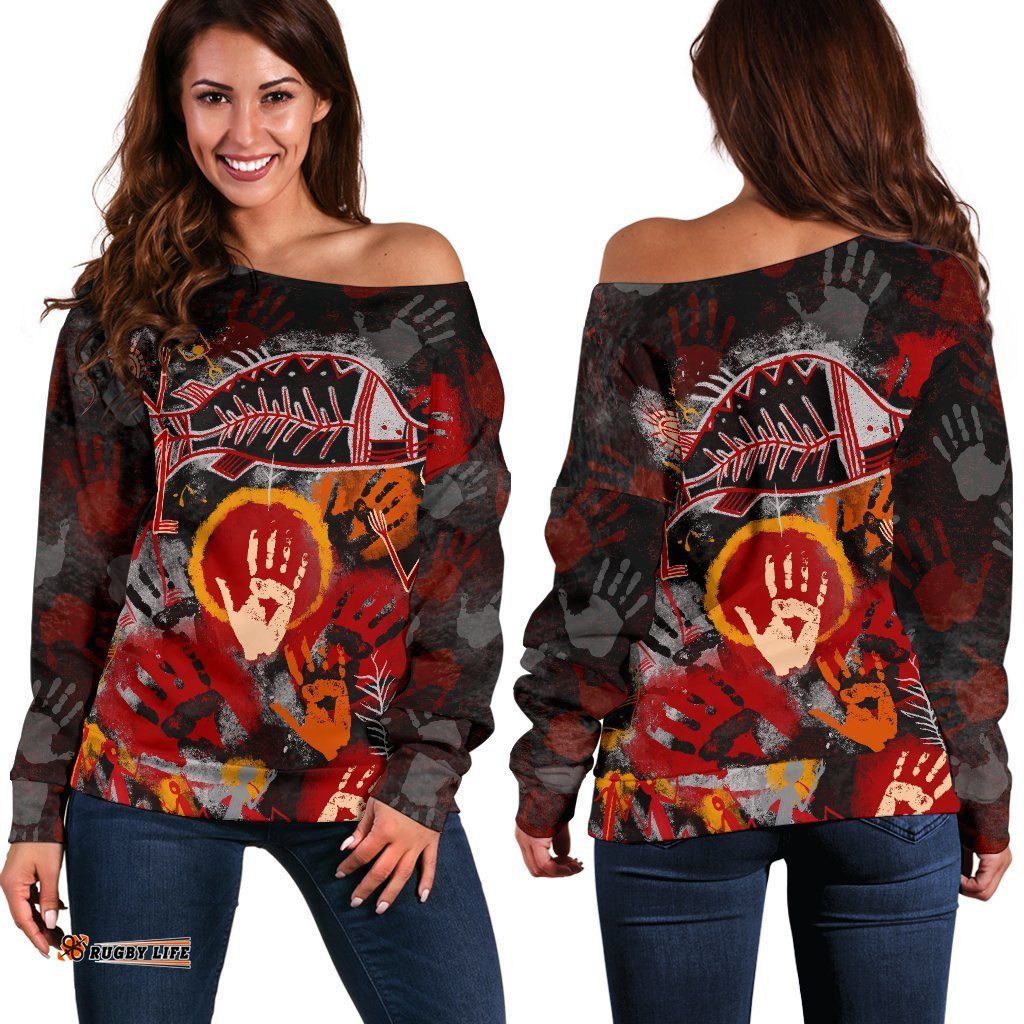 Aboriginal Women's Off Shoulder Sweater Indigenous Fish Hand Art