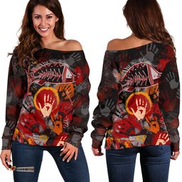 Aboriginal Women's Off Shoulder Sweater Indigenous Fish Hand Art