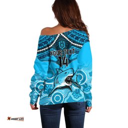Personalised Sharks Rugby Off Shoulder Sweater Go Sharkies Aboriginal Mix Polynesian Pattern