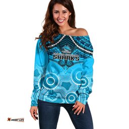 Personalised Sharks Rugby Off Shoulder Sweater Go Sharkies Aboriginal Mix Polynesian Pattern
