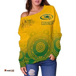 Custom Aboriginal Women's Off Shoulder Sweater, Australia Rugby and Coat Of Arms