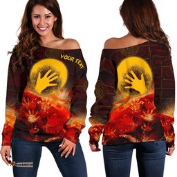 Custom Aboriginal Off Shoulder Sweater Indigenous Flag Hand Art